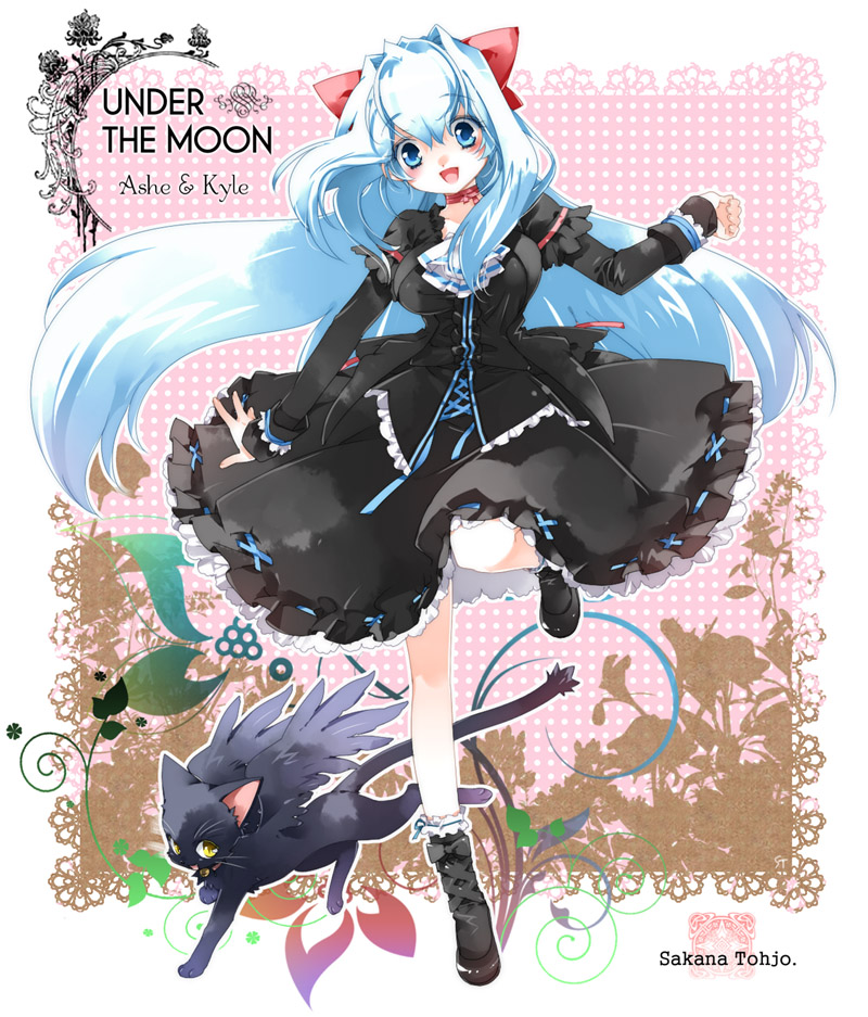 bad_id, blue_eyes, blue_hair, cat, dress, kyle_(under_the_moon), long_hair, open_mouth