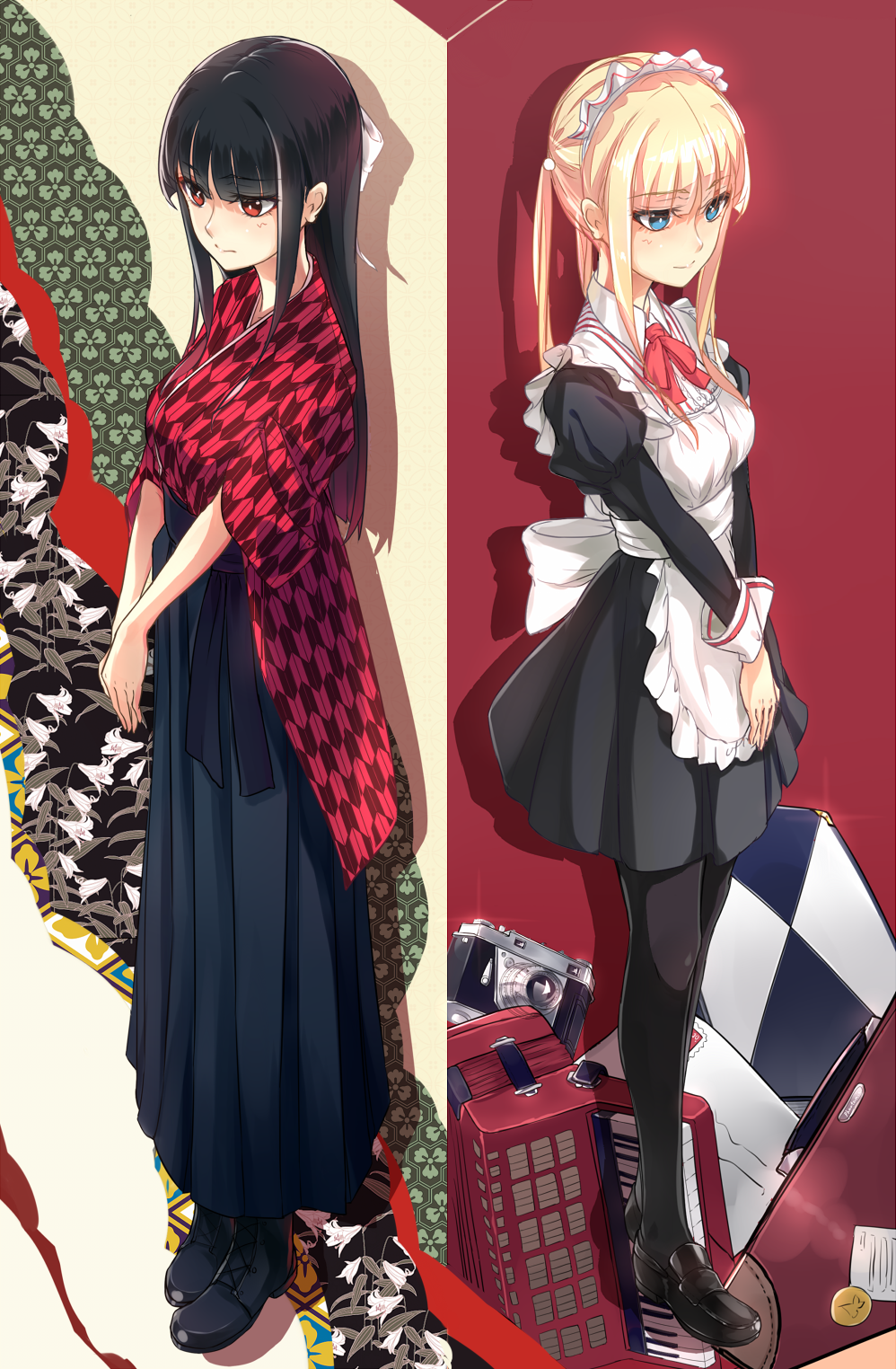 2girls, accordion, black_hair, blonde_hair, blue_eyes, boots, highres, instrument