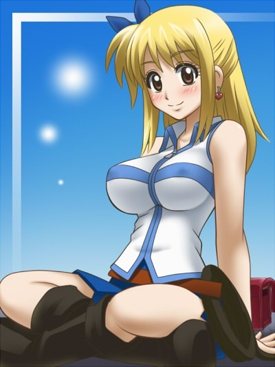awa, blonde_hair, blush, breasts, earrings, fairy_tail, impossible_clothes, impossible_shirt, indian_style, jewelry, large_breasts, lucy_heartfilia, lucy_heartphilia, shirt, sitting, solo