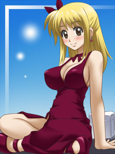 awa, blush, breasts, cleavage, dress, fairy_tail, large_breasts, lucy_heartfilia