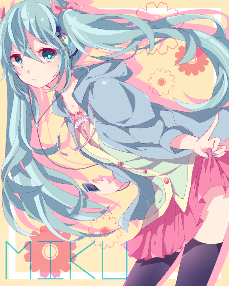 alternate_costume, aqua_eyes, aqua_hair, digital_media_player, hatsune_miku, headphones, hoodie, jacket
