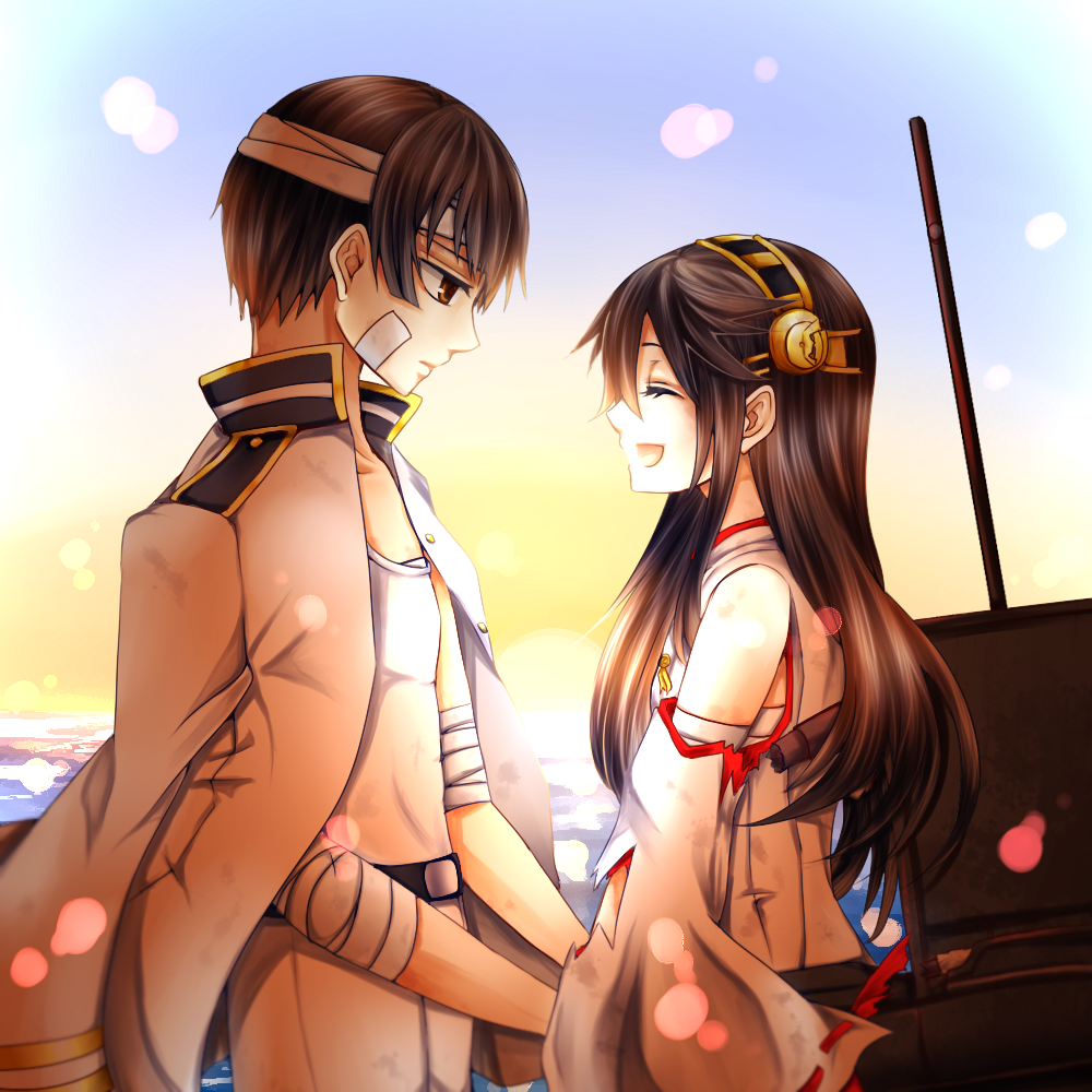 1boy, 1girl, axis_powers_hetalia, bandages, bare_shoulders, black_hair, crossover, detached_sleeves