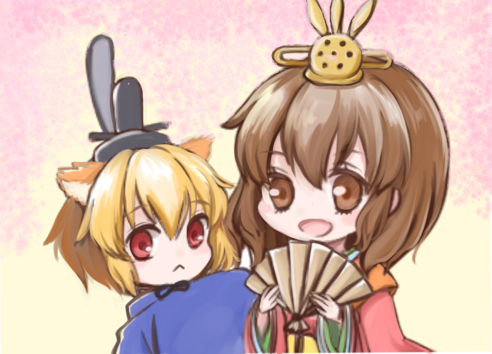 1boy, 1girl, :<, animal_ears, blonde_hair, brown_eyes, brown_hair, chibi, fan, folding_fan, genbu96, hat, japanese_clothes, lion_ears, open_mouth, red_eyes, sakutarou, smile, umineko_no_naku_koro_ni, ushiromiya_maria