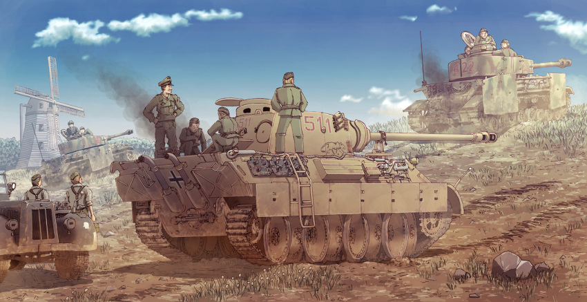6+boys, blonde_hair, blue_sky, brown_hair, cannon, car, clouds, earasensha