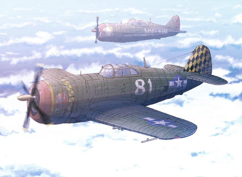 2boys, airplane, cannon, clouds, earasensha, flight_goggles, flying, gun