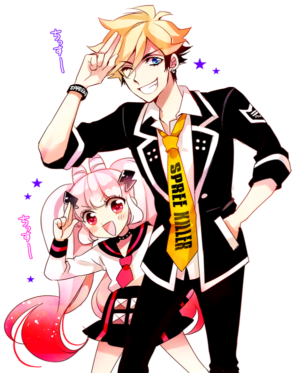 1boy, 1girl, ayamo_(devi_rock), black_nails, blonde_hair, blue_eyes, blush, blush_stickers