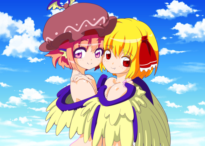 2girls, :>, absurdres, animal_ears, blonde_hair, cheek-to-cheek, clouds, fang