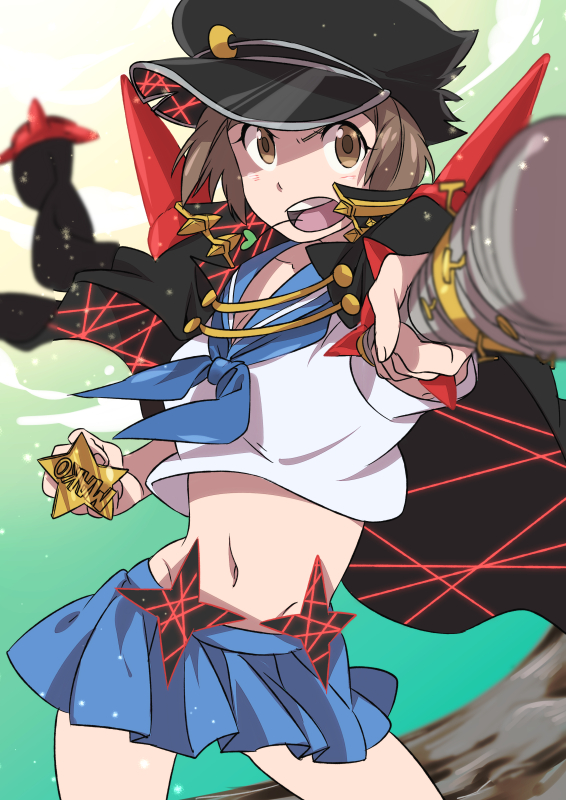 1girl, banchou, baseball_bat, brass_knuckles, brown_eyes, brown_hair, coat_on_shoulders, hat