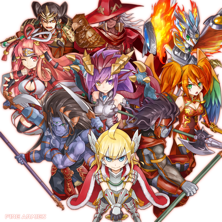 3girls, 5boys, ares_(p&amp;d), armor, bare_shoulders, bird, black_hair, blue_skin