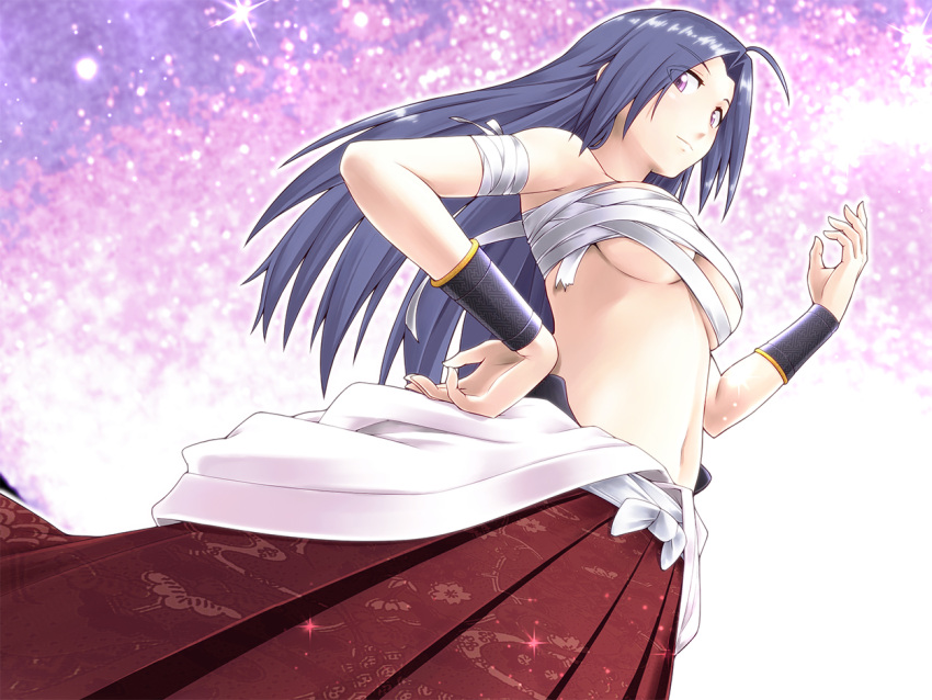 1girl, ahoge, blue_hair, blush, breasts, budget_sarashi, doku_hebi, idolmaster, large_breasts, long_hair, looking_at_viewer, miura_azusa, red_eyes, sarashi, smile, solo, topless