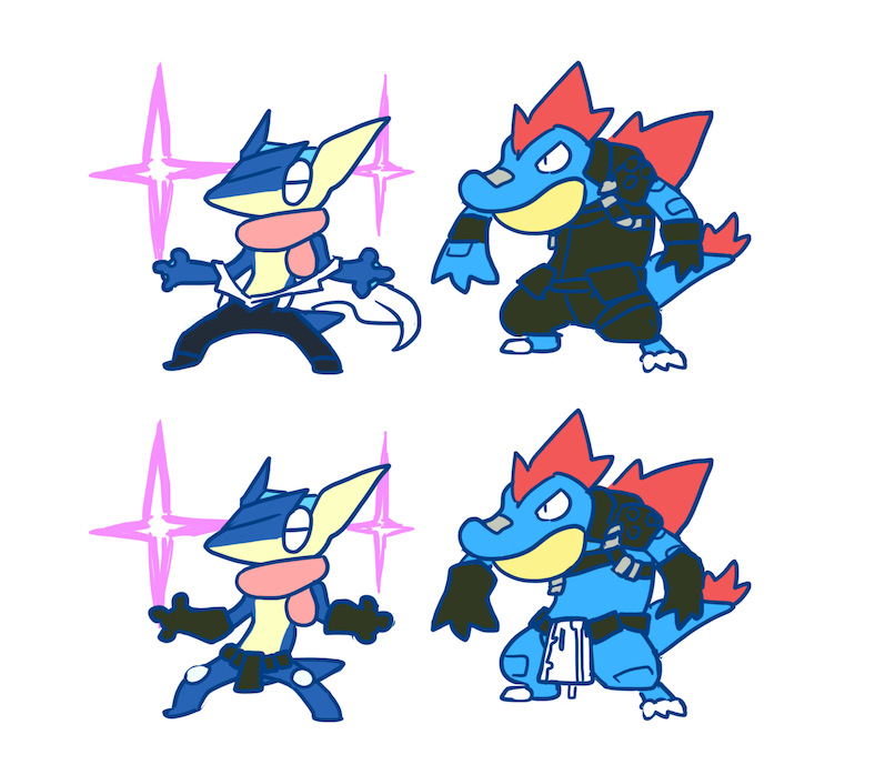 feraligatr, greninja, kill_la_kill, kinagase_tsumugu_(cosplay), mikisugi_aikurou_(cosplay), no_humans, nudist_beach_uniform, plainwhite, pokemon, pokemon_(creature)
