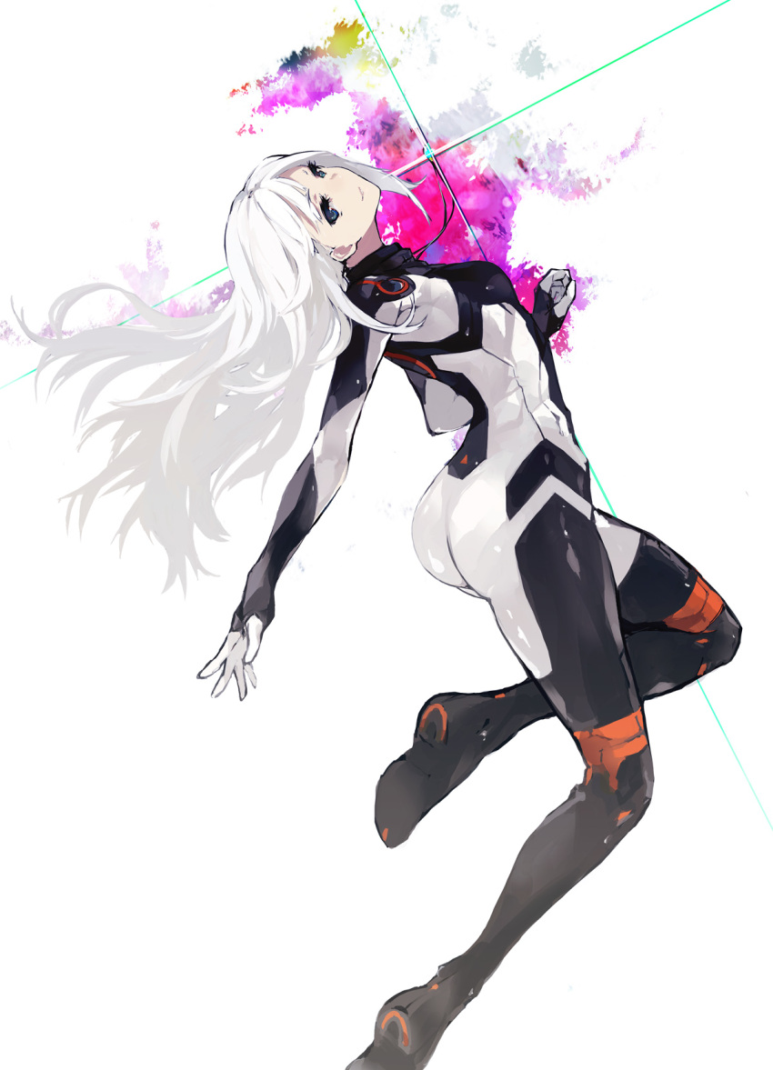 1girl, aila_jyrkiainen, blue_eyes, bobhit, bodysuit, gundam, gundam_build_fighters, head_tilt, highres, legs_folded, long_hair, outstretched_arm, pilot_suit, silver_hair, solo