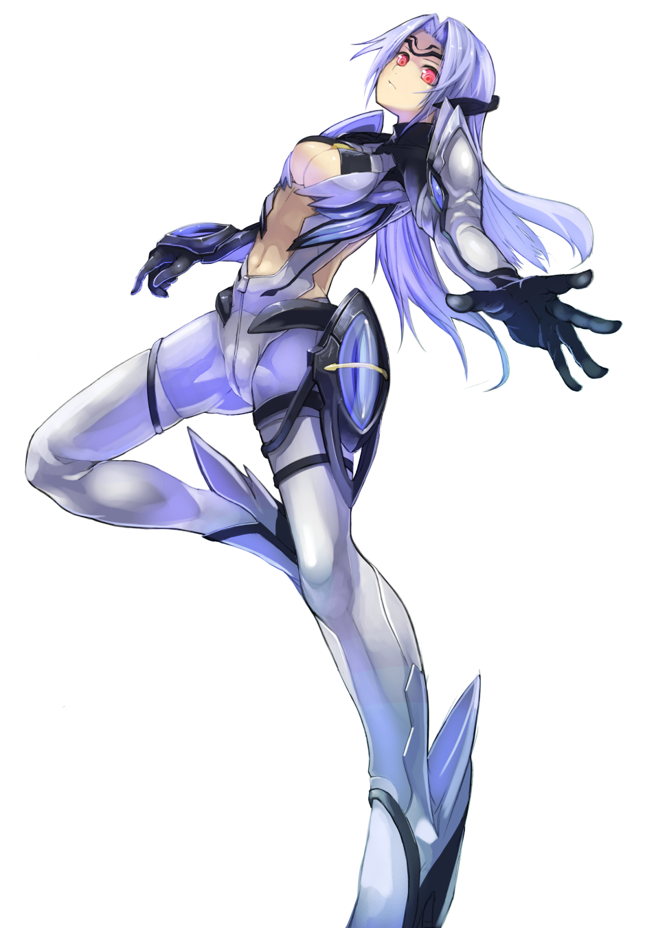 1girl, android, blue_hair, breasts, center_opening, cleavage, foreshortening, highres, koruse, kos-mos, leg_up, long_hair, looking_at_viewer, outstretched_arm, red_eyes, solo, standing_on_one_leg, white_background, xenosaga, xenosaga_episode_ii