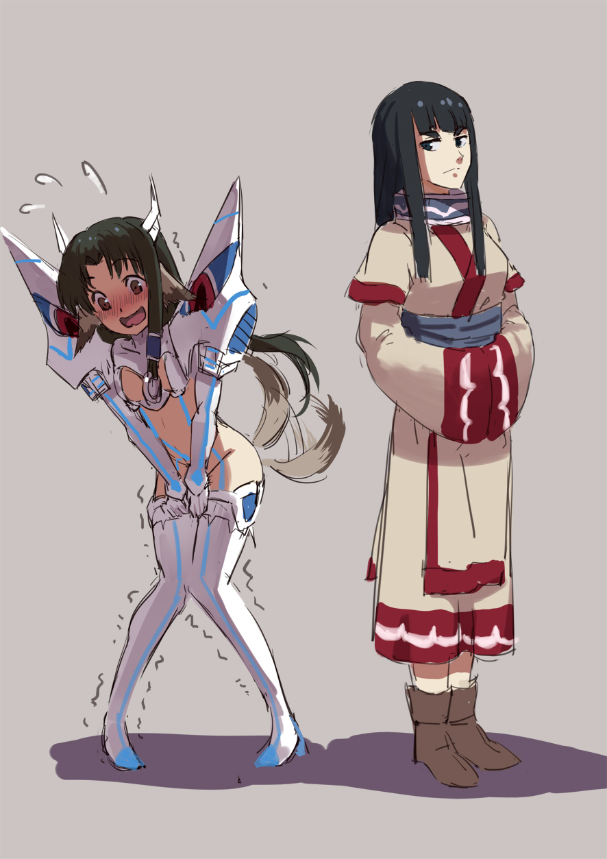 2girls, animal_ears, black_hair, blush, boots, covering, covering_crotch, embarrassed