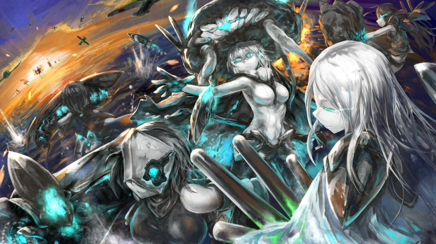 6+girls, airplane, aqua_eyes, arrow, black_hair, bodysuit, bow_(weapon), cannon