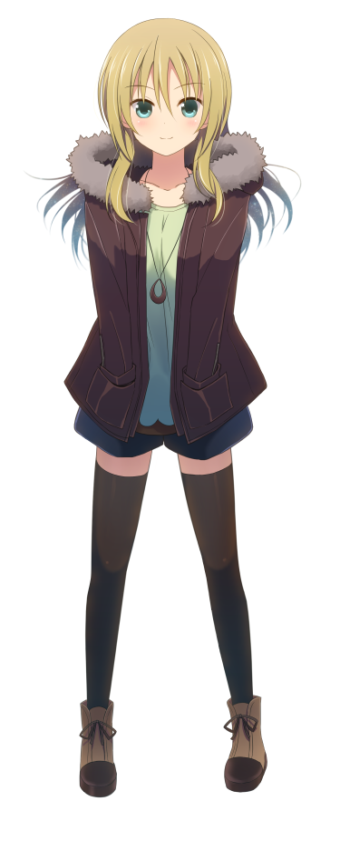 1girl, black_legwear, blush, brown_hair, fur_trim, green_eyes, hands_in_pockets, hyuuga_takashi