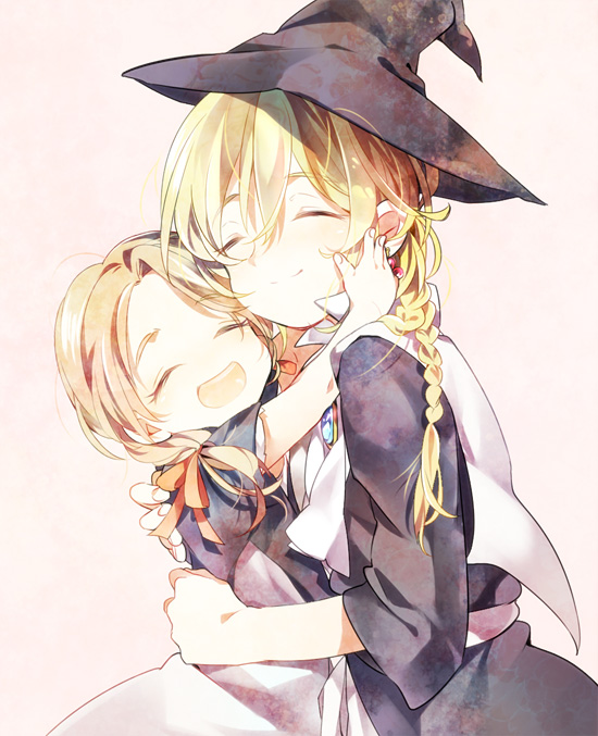 1boy, 1girl, blonde_hair, braid, closed_eyes, happy, hat, hug