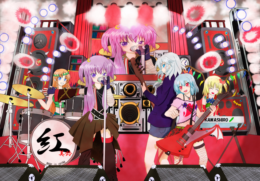 5girls, band, bass_guitar, danmaku, drum, explorer_(guitar), flandre_scarlet, guitar, highres, hong_meiling, instrument, izayoi_sakuya, patchouli_knowledge, remilia_scarlet, short_hair, singing, touhou