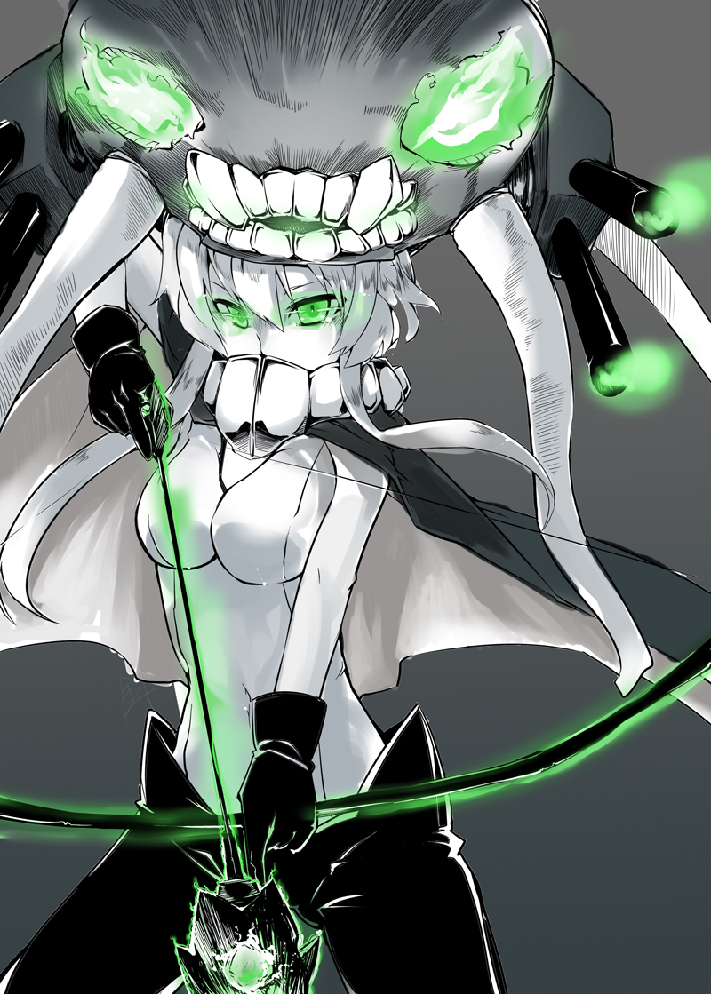 1girl, arrow, bodysuit, bow_(weapon), cannon, cape, gloves, glowing, glowing_eyes, green_eyes, harry_(namayake), hat, kantai_collection, long_hair, shinkaisei-kan, silver_hair, solo, teeth, turret, weapon, wo-class_aircraft_carrier