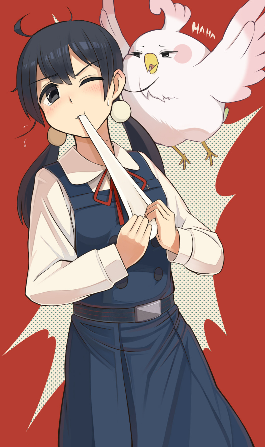 1girl, bird, black_eyes, black_hair, dera_mochimazzui, eating, food, highres