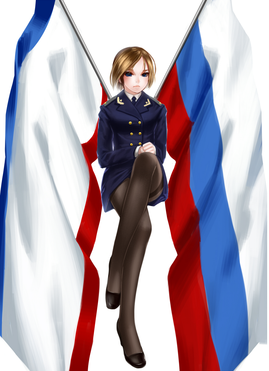 1girl, blonde_hair, blue_eyes, flag, highres, military, military_uniform, natalia_poklonskaya