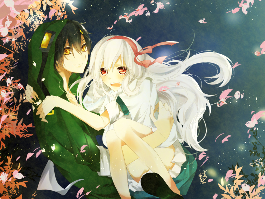 1boy, 1girl, black_hair, blush, carrying, chunnkoromochi, dress, hoodie
