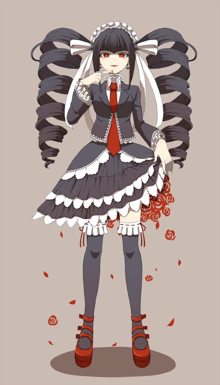 1girl, 24x24, black_hair, black_legwear, bonnet, celestia_rudenberk, dangan_ronpa, drill_hair