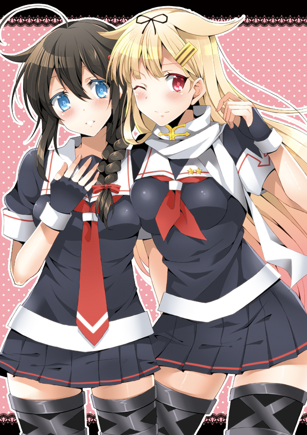 ahoge, black_hair, blonde_hair, blue_eyes, braid, hair_ornament, hair_ribbon, hairclip