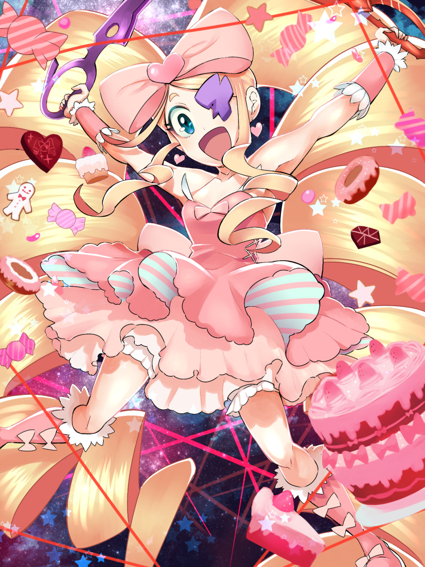 1girl, armpits, bare_shoulders, blonde_hair, blue_eyes, boots, bow, cake