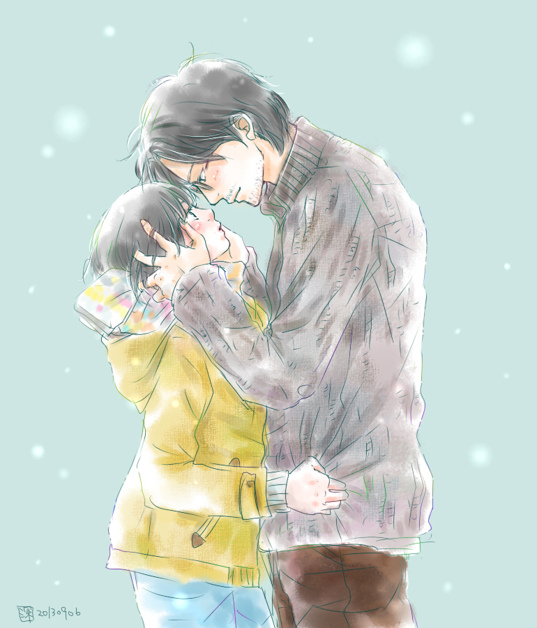1boy, 1girl, ama-chan, amano_aki_(ama-chan), black_hair, eye_contact, face-to-face, facial_hair, fukasawa_natsuki_(apriori0421), glasses, hand_on_another's_face, hoodie, looking_at_another, mizuguchi_takuma, short_hair, stubble