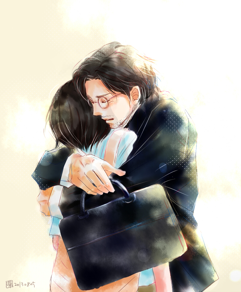 1boy, 1girl, ama-chan, amano_aki_(ama-chan), black_hair, closed_eyes, facial_hair, fukasawa_natsuki_(apriori0421)