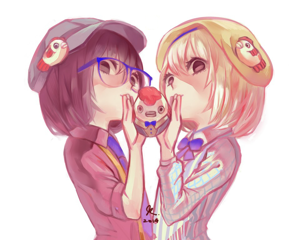 2girls, blonde_hair, casual, fish, glasses, goldfish, hat, hoozuki_no_reitetsu, ichiko_(hoozuki_no_reitetsu), joy88662001, multiple_girls, niko_(hoozuki_no_reitetsu), purple_hair, violet_eyes