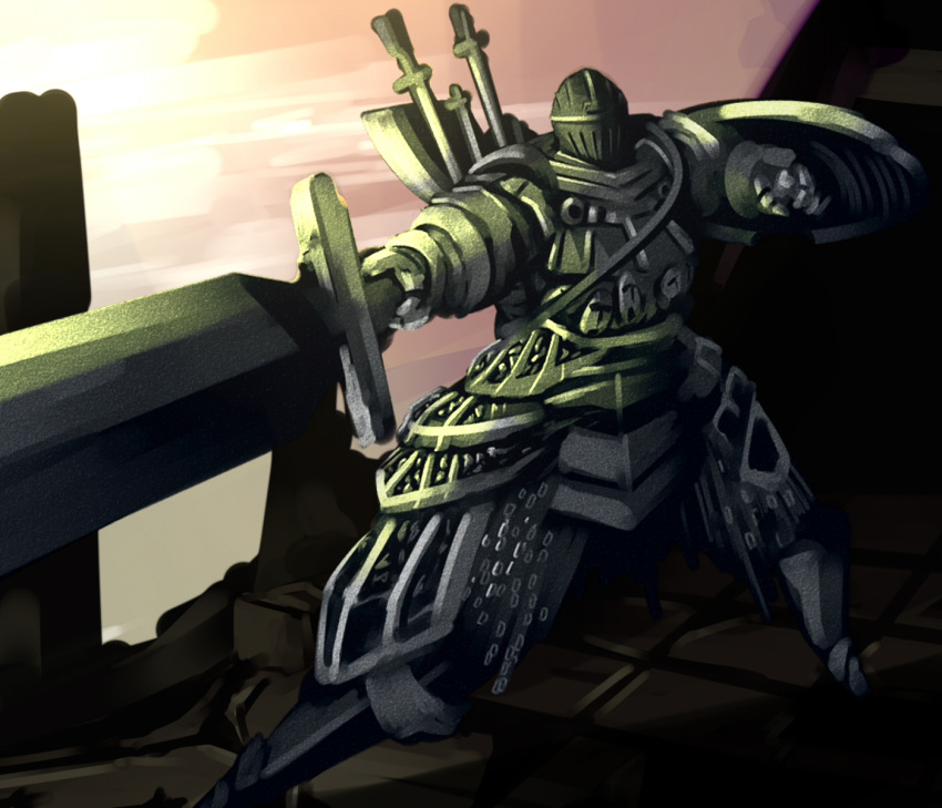 armor, axe, dark_souls_2, full_armor, gauntlets, helmet, highres, huge_weapon, knight, polearm, shield, solo, sword, the_pursuer, weapon