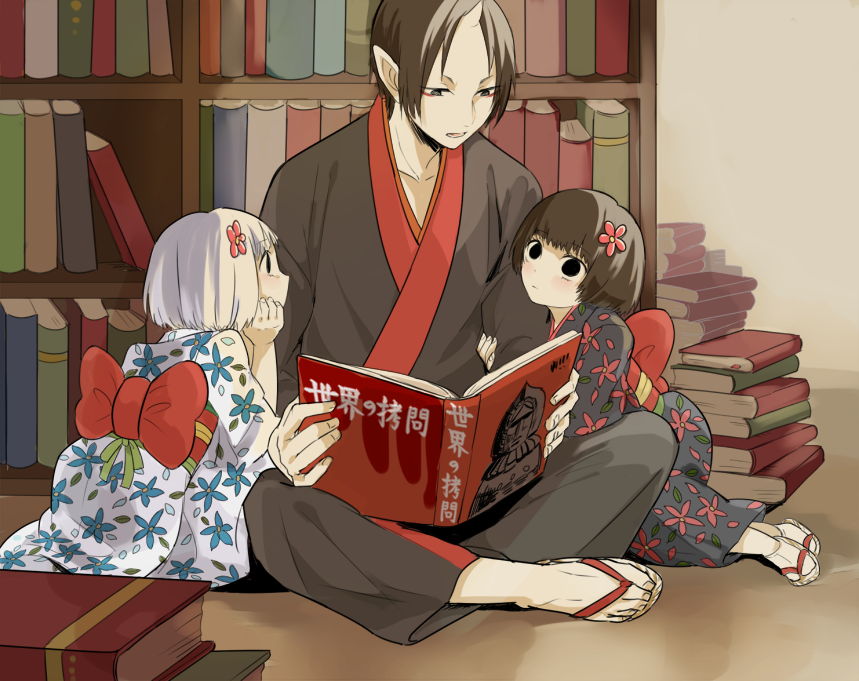 1boy, 2girls, black_eyes, black_hair, blonde_hair, book, eyeshadow, hoozuki_(hoozuki_no_reitetsu), hoozuki_no_reitetsu, horn, ichiko_(hoozuki_no_reitetsu), japanese_clothes, long_sleeves, makeup, multiple_girls, niko_(hoozuki_no_reitetsu), oni, pointy_ears, tara_(coca00)