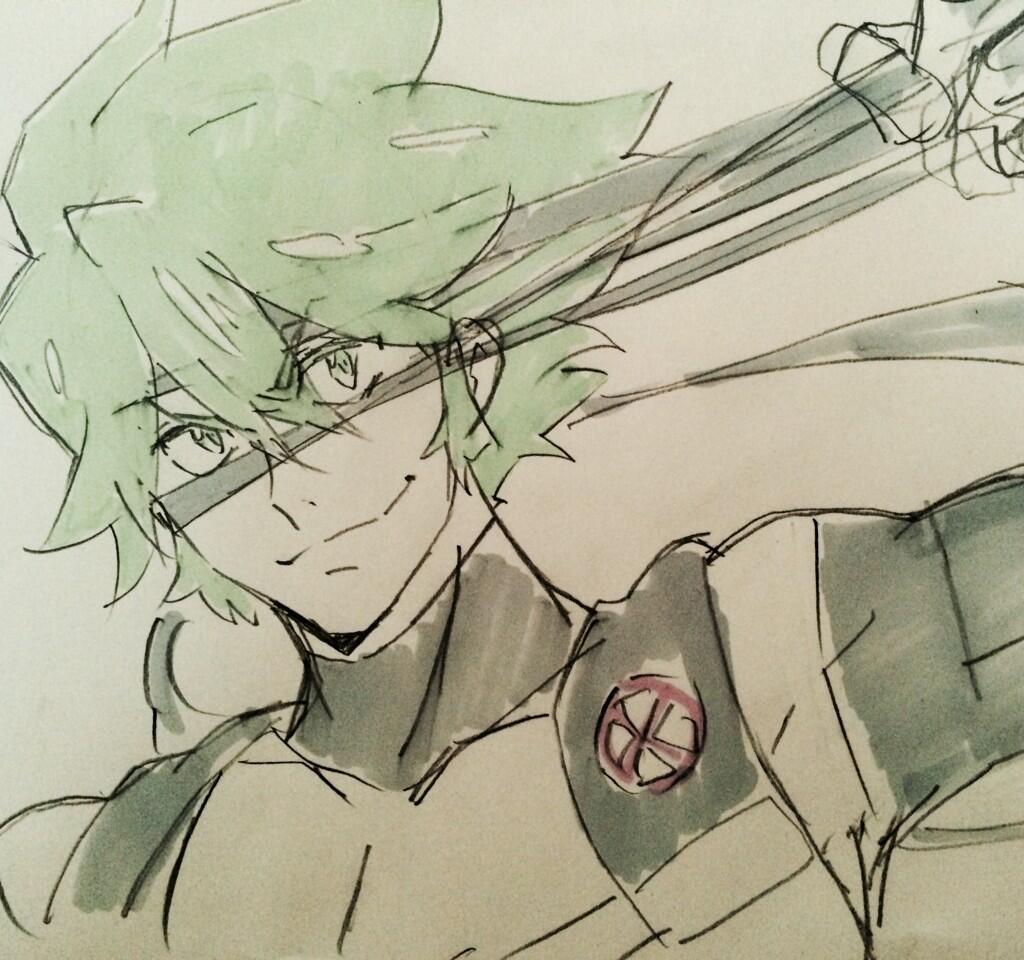 1boy, green_hair, kill_la_kill, male, nakamori_koutarou, nudist_beach_uniform, sanageyama_uzu, smile