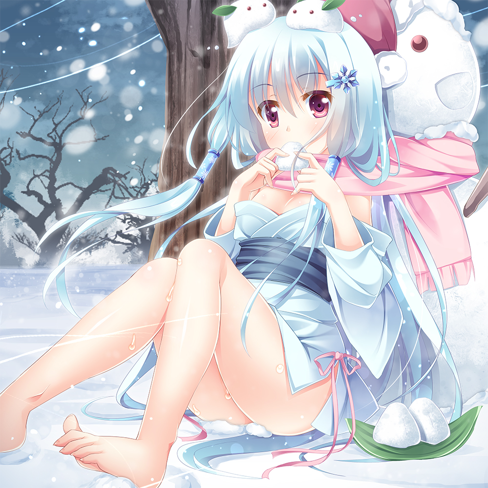 1girl, barefoot, blue_hair, feet, japanese_clothes, kimono, legs, long_hair