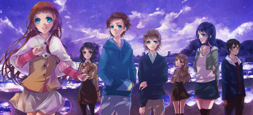 3boys, 4girls, capelet, highres, hiradaira_chisaki, hisanuma_sayu, hoodie, isaki_kaname