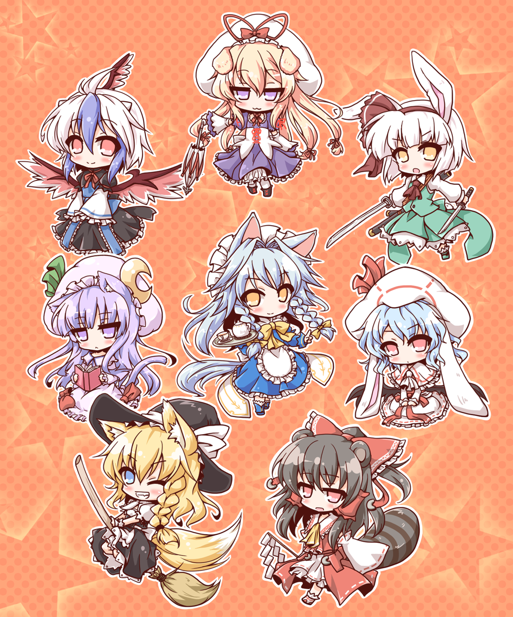 6+girls, :<, :3, animal_ears, black_hair, blonde_hair, blue_eyes, blue_hair, book, braid, broom, bunny_tail, cat_ears, cat_tail, chibi, cup, detached_sleeves, dog_ears, dog_tail, dual_wielding, fox_ears, fox_tail, gohei, grin, hair_ribbon, hakurei_reimu, hat, head_wing, highres, izayoi_sakuya, japanese_clothes, katana, kemonomimi_mode, kirisame_marisa, konpaku_youmu, looking_at_viewer, maid, maid_apron, maid_headdress, miko, moon, multicolored_hair, multiple_girls, neko_yume, open_mouth, patchouli_knowledge, pink_hair, purple_hair, rabbit_ears, raccoon_ears, raccoon_tail, red_eyes, remilia_scarlet, ribbon, sitting, smile, sword, tail, teacup, teapot, tokiko_(touhou), touhou, umbrella, violet_eyes, weapon, white_hair, wide_sleeves, wings, wink, witch_hat, yakumo_yukari, yellow_eyes