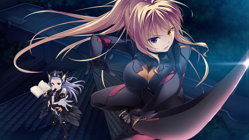 2girls, absurdres, blonde, bodysuit, book, breasts, chobipero, game_cg, heterochromia, high_res, jumping, large_breasts, looking_at_viewer, multiple_girls, open_mouth, ponytail, red_eyes, rooftop, serious, shin_shirogane_no_soleil_reanswer, standing, sword, weapon
