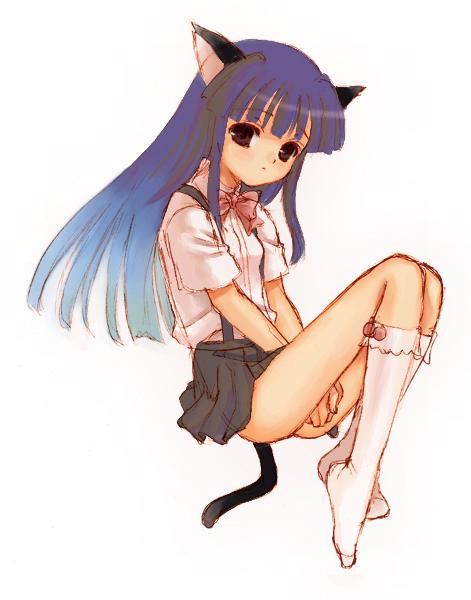black_eyes, blue_hair, bow, flat_chest, higurashi_no_naku_koro_ni, knee_highs, loli, long_hair