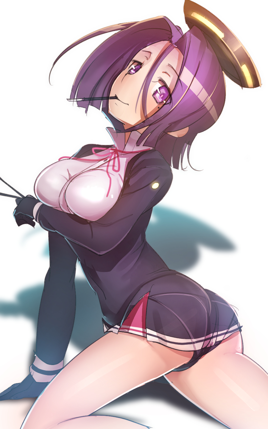 1girl, black_panties, breast_lift, gloves, highres, kantai_collection, looking_at_viewer, mechanical_halo, mole, mouth_hold, namago, panties, purple_hair, ribbon, short_hair, solo, tatsuta_(kantai_collection), underwear, violet_eyes