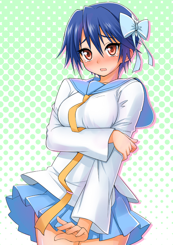 1girl, blue_hair, blush, bow, full-face_blush, hair_bow, holding_arm, nisekoi, open_mouth, qnakamura, red_eyes, school_uniform, short_hair, skirt, solo, tsugumi_seishirou