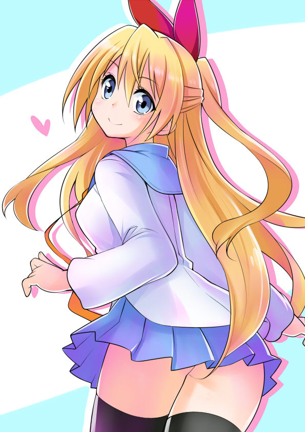 1girl, black_legwear, blonde_hair, blue_eyes, blush, hair_ribbon, kirisaki_chitoge, long_hair