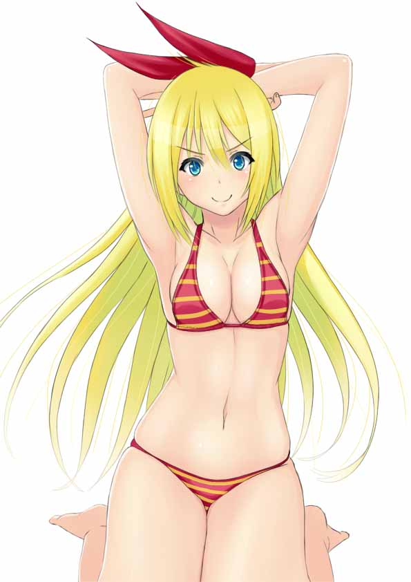 1girl, armpits, arms_behind_head, arms_up, bikini, blush, hair_ribbon, kirisaki_chitoge