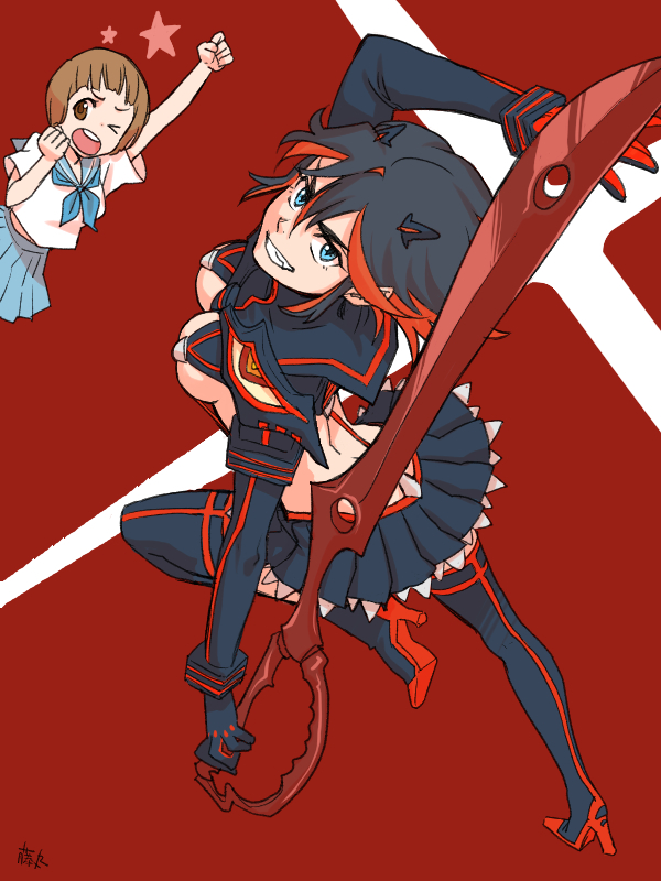 2girls, black_hair, boots, breasts, brown_hair, fujimaru_(pixiv32896), high_heels, kill_la_kill