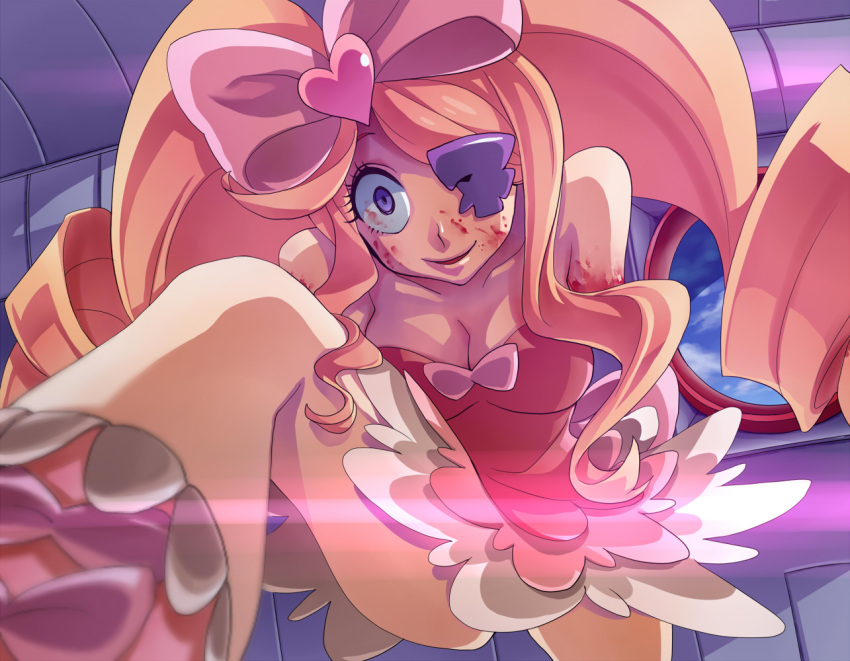 1girl, amputee, blonde_hair, blood, blue_eyes, bow, crazy_eyes, crazy_smile