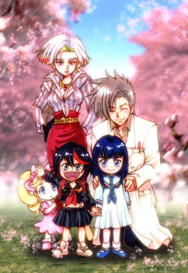 bow, child, dress, earrings, family, hair_bow, hands_on_shoulders, harime_nui, holding_hands, jewelry, junketsu, kill_la_kill, kiryuuin_ragyou, kiryuuin_satsuki, kiryuuin_souichirou, labcoat, matoi_ryuuko, necklace, senketsu, skirt, smile, spoilers, ugetsu5115, what_if, young