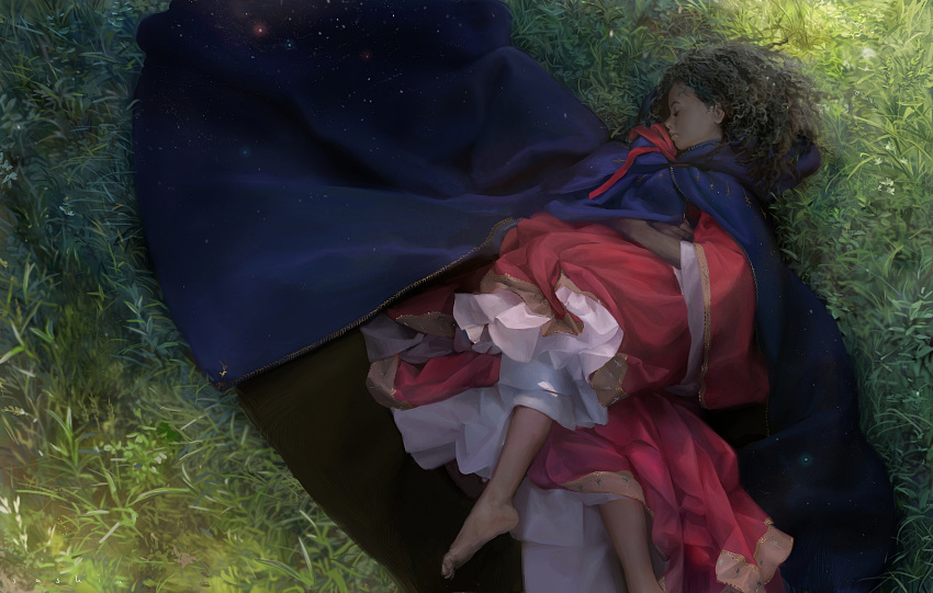 1girl, brown_hair, cape, closed_eyes, curly_hair, dress, grass, highres