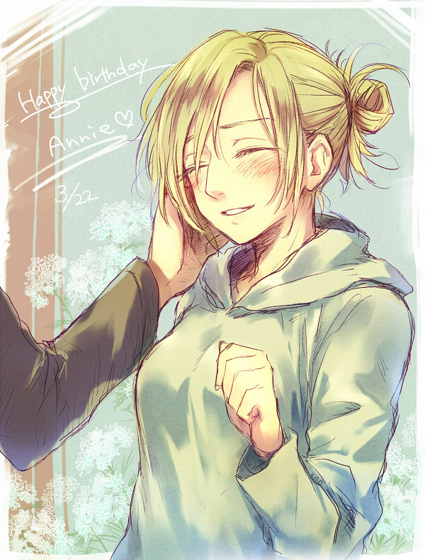 1girl, ^_^, annie_leonhardt, blonde_hair, blush, character_name, closed_eyes, dated