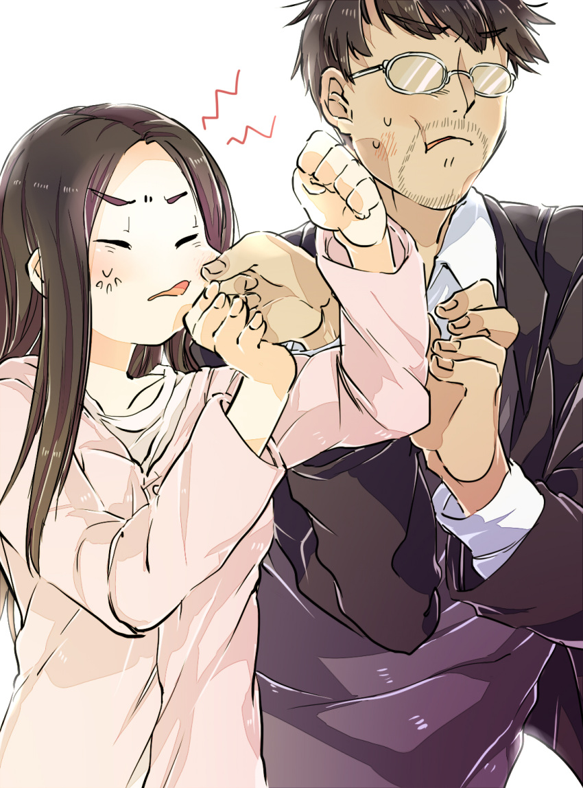 1boy, 1girl, anger_vein, black_hair, bruise, cheek_pinching, facial_hair, glasses